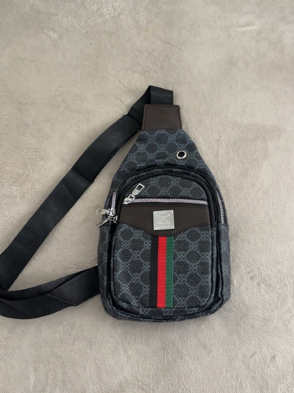 Black Crossbody Sling Bag with Red & Green Stripe